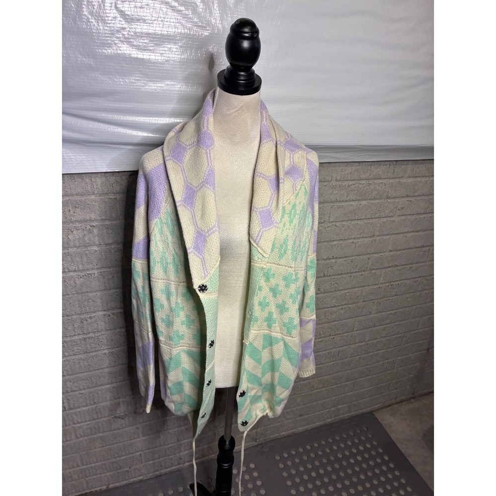 Fashion Pastel Patchwork Shawl Collar Knit Cardigan Green Purple L